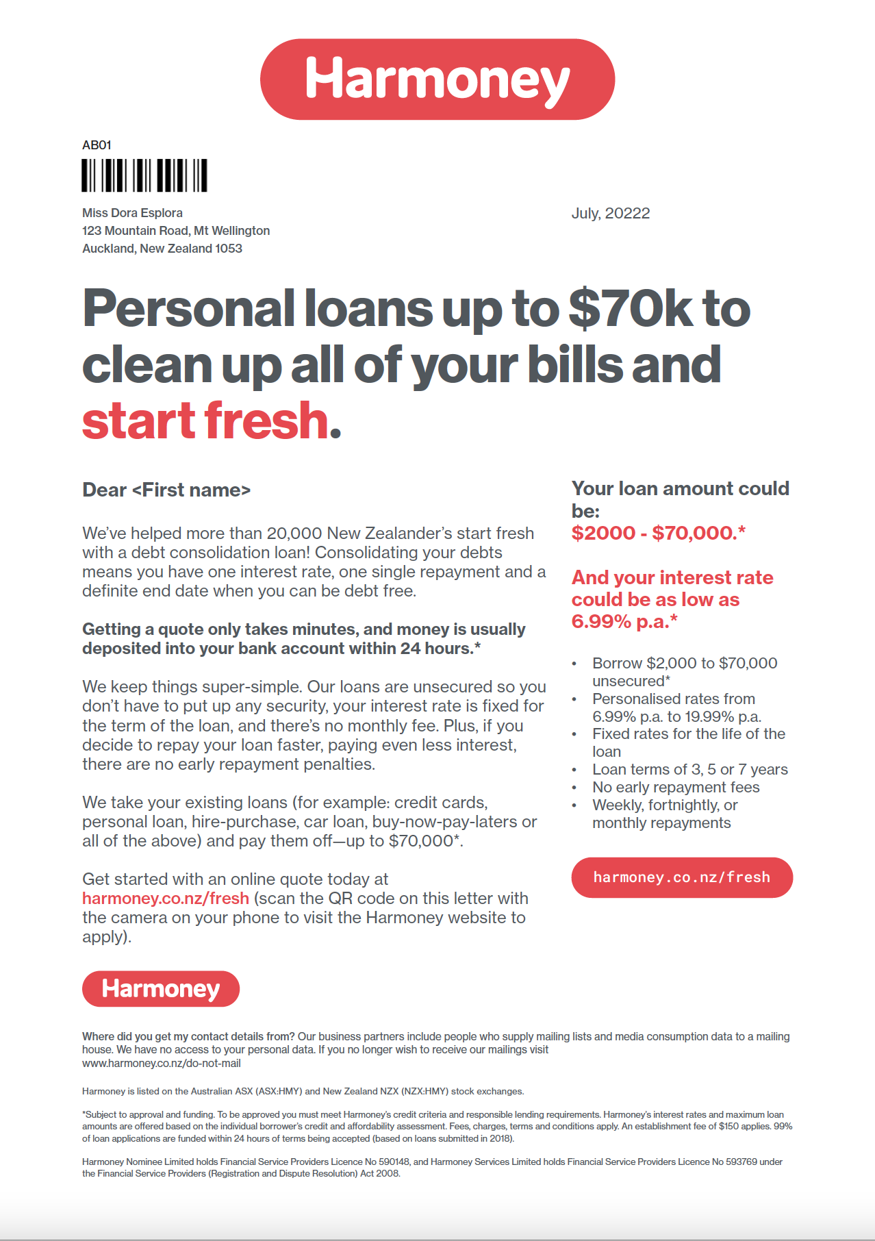 Harmoney Direct Mail Front