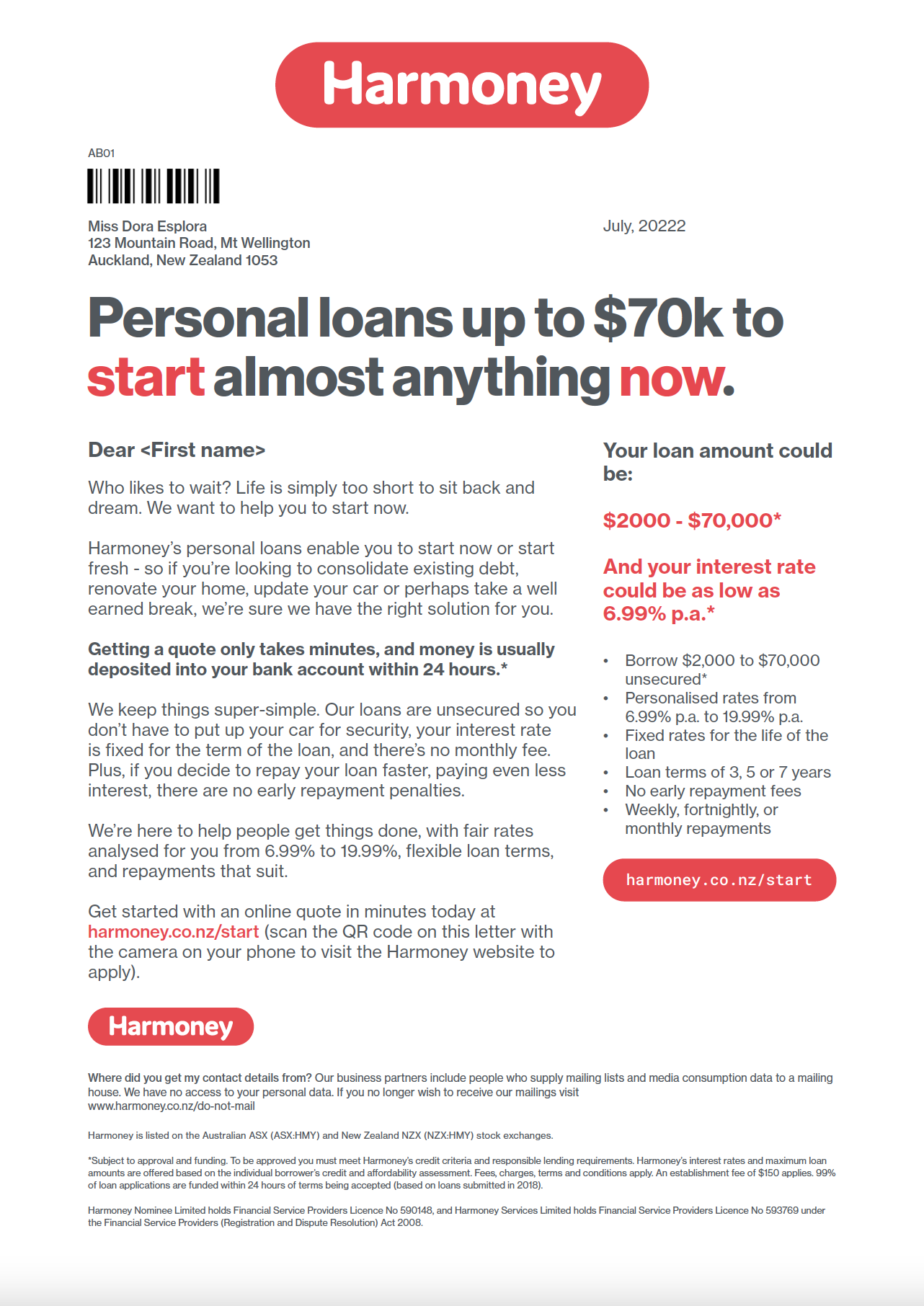 Harmoney Start Now Direct Mail